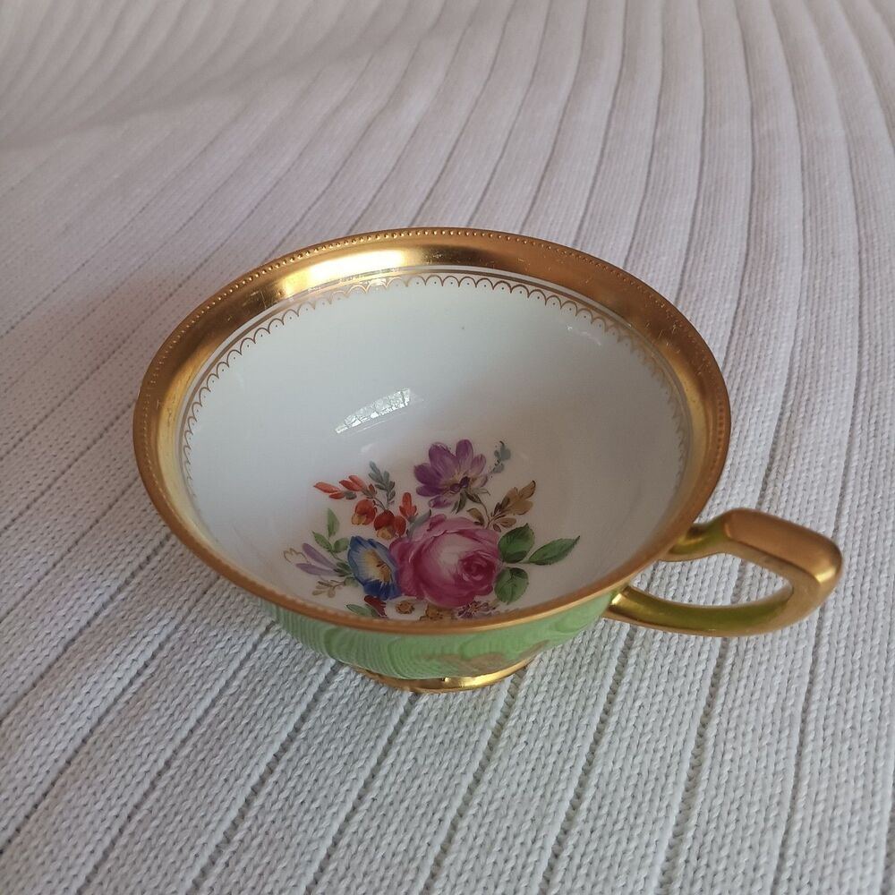 Antique Ambrosius Lamm Dresden Orphan Cup Gold Gilding Floral On White Porcelain